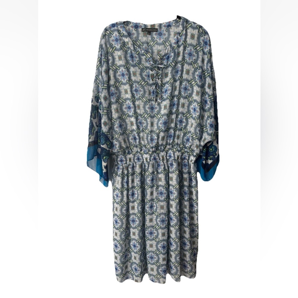 Adrianna Papell Blue Print Dress Size Large Fully Lined Full Flowy Sleeves